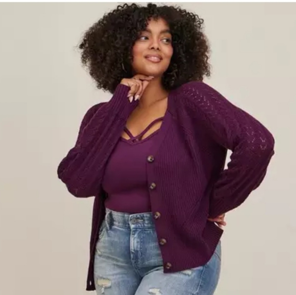 Plum Purple Button-Front Knit Pointelle Cardigan